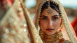 South Asian bride in traditional attire, detailed jewelry, captivating eyes.