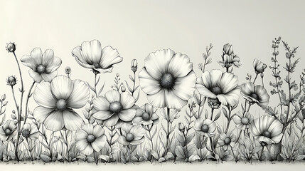 Wall Mural - Flowers and plants Sketches, Sketch style Black and white lines, Vertical composition. Generative Ai