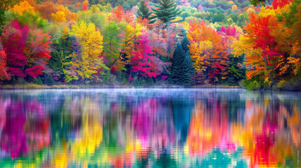 Wall Mural - Tranquil lake surrounded by colorful autumn foliage and reflected in calm waters.
