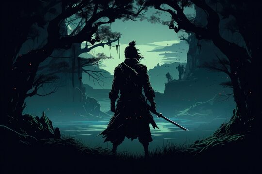 Japanese samurai warrior with forest at night. Ronin standing in forest at night. Black silhouette of Japanese samurai warrior against forest at night