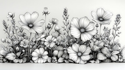 Wall Mural - Flowers and plants Sketches, Sketch style Black and white lines, Vertical composition. Generative Ai