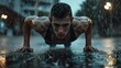 a young man doing push-ups in the rain outside