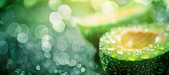 Canvas Print - Avocado close-up with drops of moisture on a light green background with splashes of water