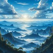 A tranquil sunrise scene showcasing a mystic, mountainous terrain. The image captures differing layers of mist-covered peaks while fluffy clouds linger low above the surface. There is lush green ...