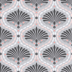 Poster - Seamless pattern with dark gray anthemion floral shapes and ogee geometrical motifs on a gray background. Classic abstract repeat wallpaper.