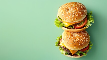 Wall Mural - Homemade burger with double beef patties cheese and salad isolated on a green mint background
