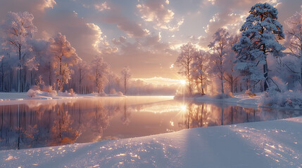 Sticker - Frozen ice lake in winter in a park in the forest in sunny weather a panoramic view with a blue sky and white clouds. Generative Ai