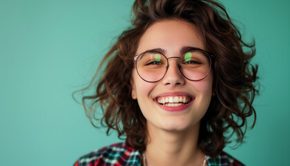 Wall Mural - Happy Young Woman with Curly Hair and Glasses Smiling on Teal Background, Plenty of Copy Space
