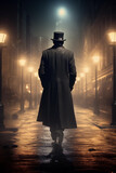 Fototapeta Uliczki - Through the fog-drenched streets, a lone figure, reminiscent of a cinematic historical thriller protagonist, dons a black coat and top hat, wandering the city alley in solitude and mystery