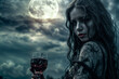 Eerie portrait of a woman with a wine glass on a moonlit night, evoking a gothic atmosphere