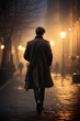 Noir Reverie: A lone silhouette, donning a black coat and top hat, traverses the deserted city alley, conjuring images of vintage detective tales set in a fog-shrouded 19th-century metropolis.