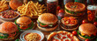 junk food buffet, with burgers, fries, pizza, and soda arranged enticingly on a table