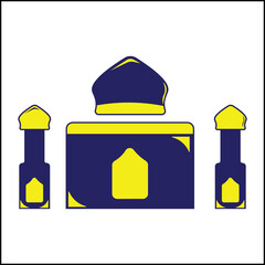 vector illustration design of a mosque and two pillars in yellow and blue in a simple style. suitable for logos, icons, posters, advertisements, banners, companies, t-shirt designs, stickers, websites