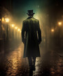 Midnight Stroll: Against the backdrop of dimly lit city streets, a solitary figure in a black coat and top hat strolls through the alleyway, evoking the ambiance of a classic noir film scene.
