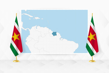 Wall Mural - Map of Suriname and flags of Suriname on flag stand.