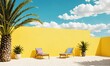Summer background with sun lounges and palm