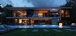 Modern house with swimming pool, night view, terrace and garden, blue light inside the windows, 