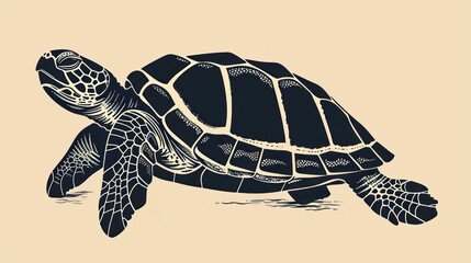 Wall Mural - block print style turtle design, featuring intricate shell patterns and a calm expression, set again