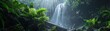 Hidden waterfall hike, misty light, lowangle, untouched wilderness , low noise
