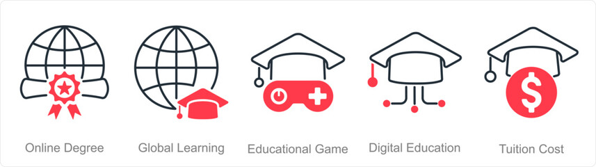 A set of 5 Online Education icons as online degree, global learning, educational game