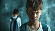 © Helga P-A. - Portrait of angry schoolboy looking at camera while his classmate standing behind him. School bullying concept