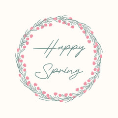 Sticker - Floral round wreath with tender pink flowers, green leaves and text Happy Spring. Circle template for poster, round banner, wedding card in flat vector style.