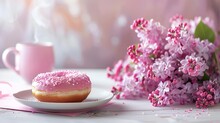 Delicate Morning Light Highlights A Mothers Day Breakfast Surprise With A Pink Donut A Handwritten Card And A Bouquet Of Lilacs Against A Gradient Background