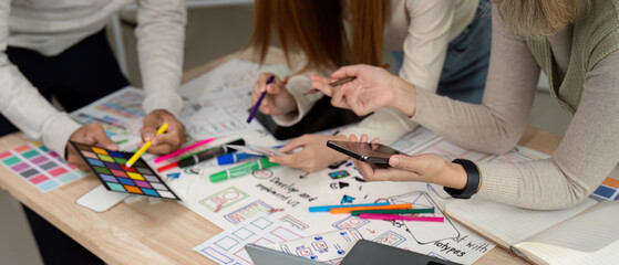 Wall Mural - brainstorm team of creative web graphic designer planning, group of mobile phone app developer team 