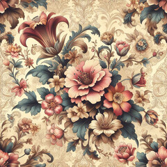 Wall Mural - Beautiful floral elegant swirls damask fabric seamless pattern of hand drawn flowers with decorative dark vintage with colorful wallpaper background