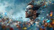 Creative digital artwork portraying a young man submerged in a dynamic explosion of vibrant colors and abstract shapes.