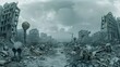 Global Dystopia, Pollution Masks, Desperate survivors in a ruined city, 3D render, Overcast, HDR, Fish-eye lens view