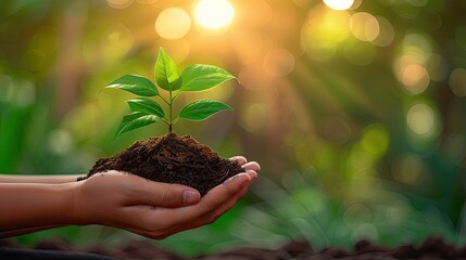 Wall Mural - The delicate touch of human hands nurturing a sapling, with rich soil, against the warm backdrop of golden sunlight filtering through leaves..