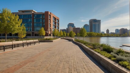 Waterfront walkway near modern buildings