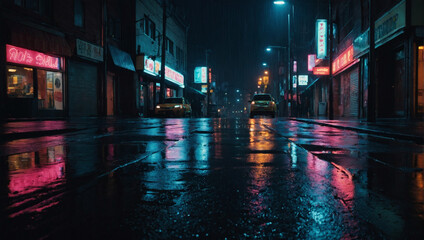 Wall Mural - Rainy urban street at night, neon signs reflecting off wet pavement, creating an atmospheric scene.