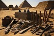 Archaeological tools with the pyramids in the background.