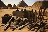 Fototapeta Natura - Archaeological tools with the pyramids in the background.
