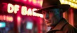 Rugged private detective, fedora hat, square jaw and determined eyes, standing under the flickering neon sign of a seedy dive bar Photography, Dramatic Backlights, Dolly zoom effect