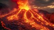 Volcano, molten lava, fiery inferno, eruption in progress, ash spewing, ominous skies, 3D render, Backlighting, HDR, Over-the-shoulder shot