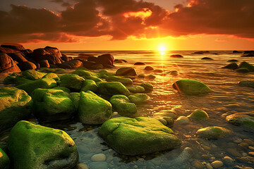 Mesmerizing beauty of a sunset over a tranquil, mossy rocky beach, evoking feelings of peace and awe