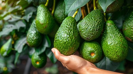 Wall Mural - Hand holding creamy avocado, selection on blurred background with copy space for text placement