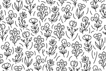 Poster - Outline seamless floral pattern with hand drawn flowers. Line art seamless black and white floral pattern. Endless repeating minimalistic abstract design.