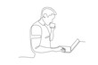 © stlineart - The man drinking coffee is about to start working.Working from home one-line drawing