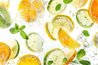 Carbonated drink, mint leaves and fruit slices of lemon, lime and orange floating in it. Summertime background.