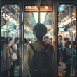Young hipster man standing in a crowded subway train