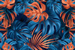 Tropical monstera and palm leaves in bold orange and blue