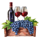 Fototapeta Natura - Two wine glasses and a bottle on wooden crate