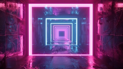 In the dark tunnel we see a laser linear shape inside an abstract geometric neon background.