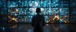 Monitoring Screens and Mitigating Threats: The Role of a Cyber Defender in a High-Tech Security Center. Concept Cybersecurity, Threat Mitigation, High-Tech Security, Cyber Defense, Monitoring Screens