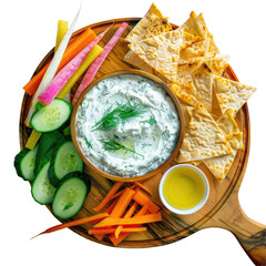 Wall Mural - A close up of a wooden plate with a bowl of dip and crackers