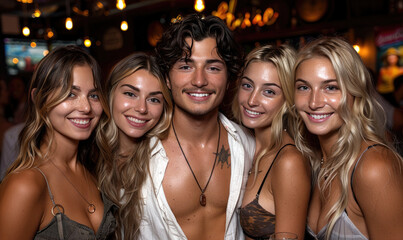 A handsome man surrounded by beautiful girls in a nightclub